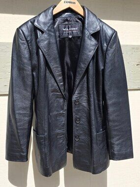 Vintage Wilson Leather Black Jacket Women’s Size Med. 3 Button Blazer Lined Soft